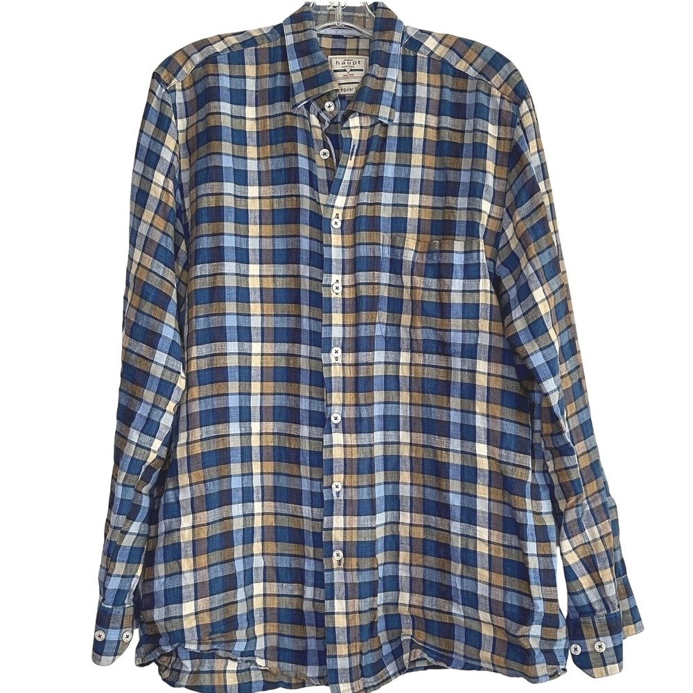 Haupt‎ Men Shirt Linen Blue Tan Plaid Euro Casual Quiet Luxury Heritage S/M
